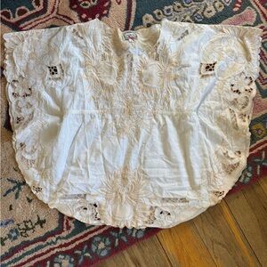 Anthropologie Yoana Baraschi Cream & Tan Floral Embroidered Wide Sleeve Blouse